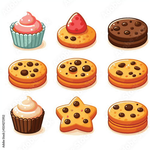 dessert, cookie, food, biscuit, sweet, bakery, background, chocolate, delicious, snack, homemade, brown, isolated, candy, pastry, cake, bake, chip, tasty, breakfast, fresh, treat, closeup, sugar, vect