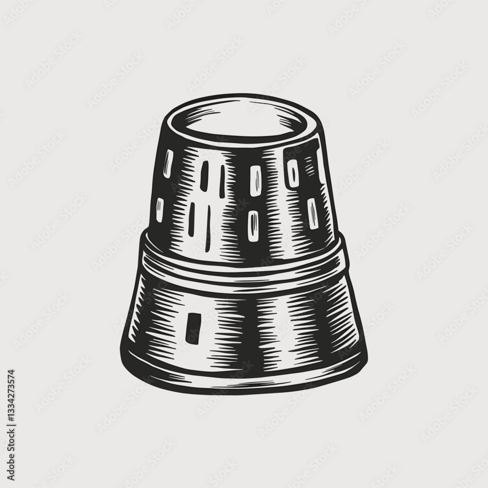 Thimble monochrome ink sketch vector drawing, engraving style illustration Thimble monochrome ink sketch vector drawing, engraving style illustration