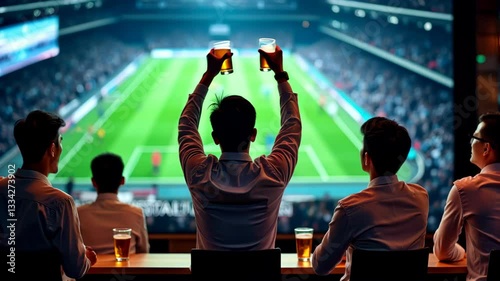 Friends cheering and enjoying a football match at a viewing party, raising beers in celebration. A vibrant sports atmosphere captures excitement and camaraderie.