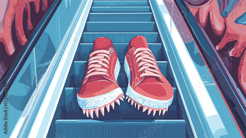 A digital illustration depicting a pair of red canvas sneakers with textured soles positioned on the steps of an escalator. The escalator is rendered in shades of teal and blue.  The image is