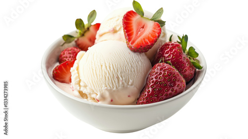 A bowl of vanilla ice cream topped with fresh strawberry slices 