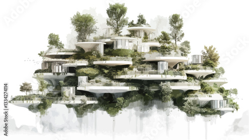A digital rendering depicts a multi-level residential structure, appearing to float amidst a cloud-like base.  The architecture is modern and organic, characterized by layered platforms interwoven