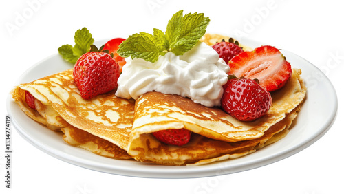 A plate of golden crepes filled with fresh strawberries and whipped cream