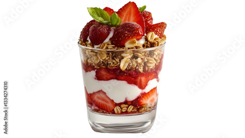 A strawberry and yogurt parfait layered in a glass