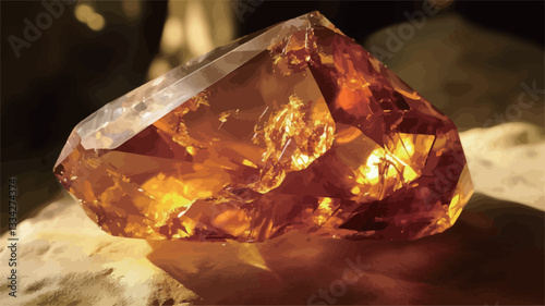 Close-up macro photograph of a rough, uncut citrine crystal. The crystal is predominantly golden-yellow to amber in color, exhibiting translucence with internal light reflections.  The surface