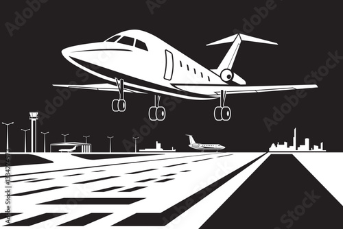 Private jet  take off from city airport by night – vector illustration