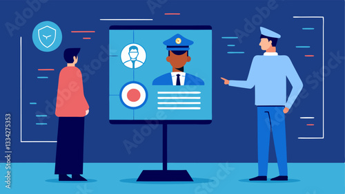 Public Awareness Poster A detective standing beside a large poster showing a facial recognition technology interface informing the public about its uses in law enforcement.