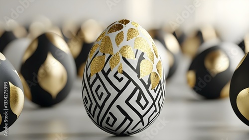 Decoratively painted eggs with black and gold patterns, arranged in a blurred background of similar eggs. Concept Decorative Egg Art, Black and Gold Patterns, Stylish Arrangements