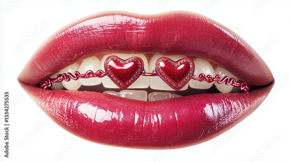 Obraz premium women's lips with teeth, and on the teeth there are heart shaped braces, isolated on white background