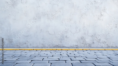 A textured gray wall with a yellow line on a cobblestone surface, creating a minimalist and modern aesthetic.