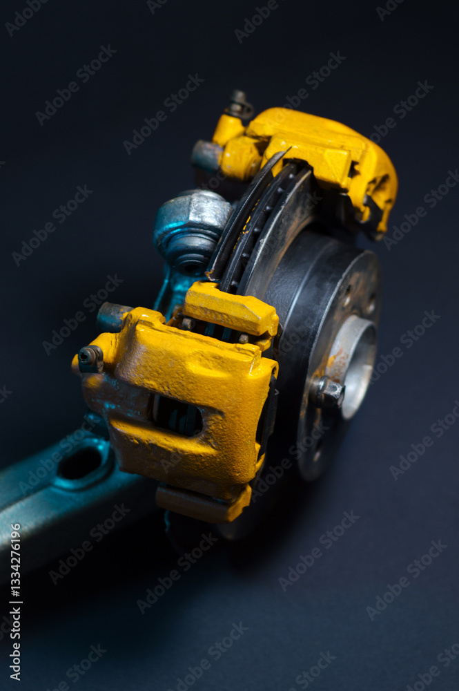 Fototapeta premium rear drift car with disc brakes with two yellow calipers for hydraulic handbrake