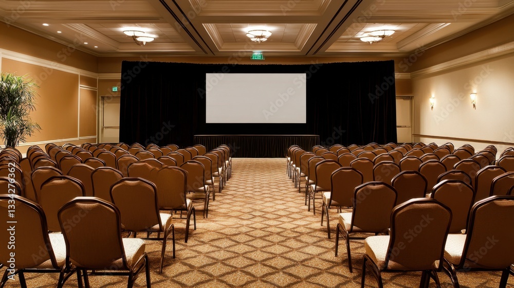 Fototapeta premium Spacious hotel event hall with a projector screen, stylish carpeting, and a stage for keynote speakers.