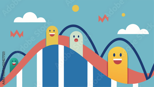 Emotional Rollercoaster An abstract illustration showing a rollercoaster with different expressions happy sad anxious on the cars representing investors emotional highs and lows