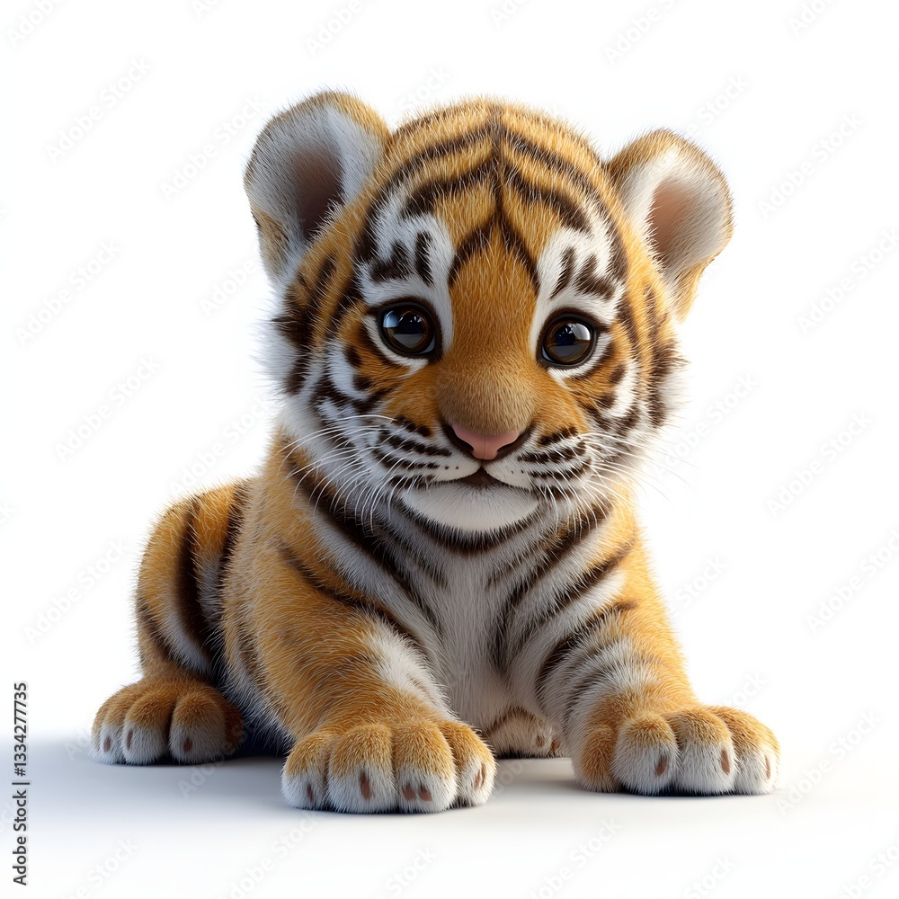 Fototapeta premium An adorable tiger cub, a tiny ball of fluff. Its expressive eyes and soft fur are captivating. Adorable Baby Tiger Cub Close up
