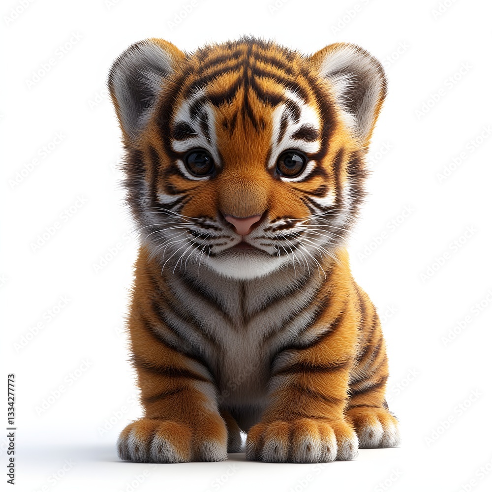 Obraz premium A charming image of a tiny tiger cub, isolated on a white backdrop. Its captivating gaze and fluffy fur make it irresistible. Adorable Baby Tiger Cub Close up