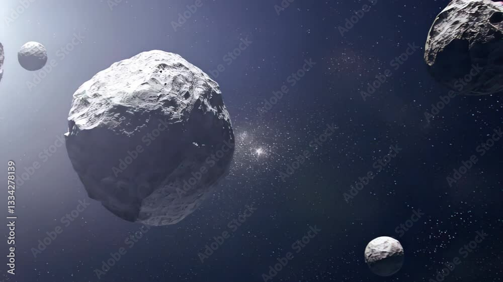 Large asteroid floating in deep space with distant stars shining in the background. Concept of cosmic exploration and potential threats