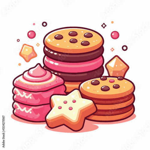 dessert, cookie, food, biscuit, sweet, bakery, background, chocolate, delicious, snack, homemade, brown, isolated, candy, pastry, cake, bake, chip, tasty, breakfast, fresh, treat, closeup, sugar, vect