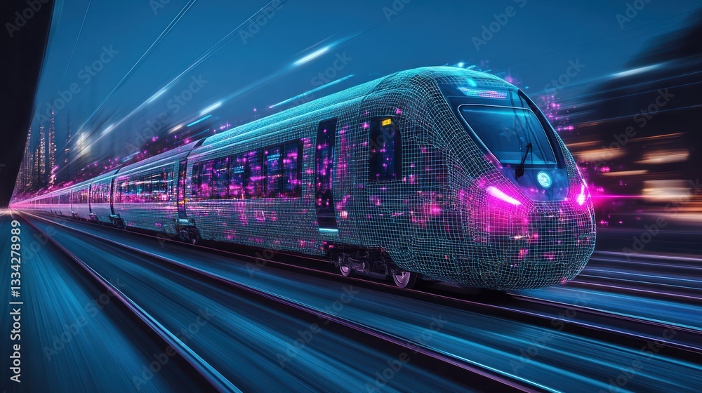 Naklejka premium Futuristic high-speed train speeding through city at night.