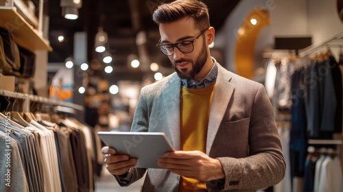 A man using a tablet while shopping for clothes in store