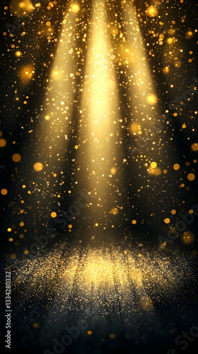 Golden spotlight beams on dark stage floor with glittering particles, ideal for product display or award ceremony backgrounds