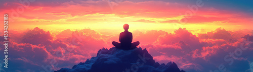 person meditates on mountain peak surrounded by vibrant clouds at sunrise