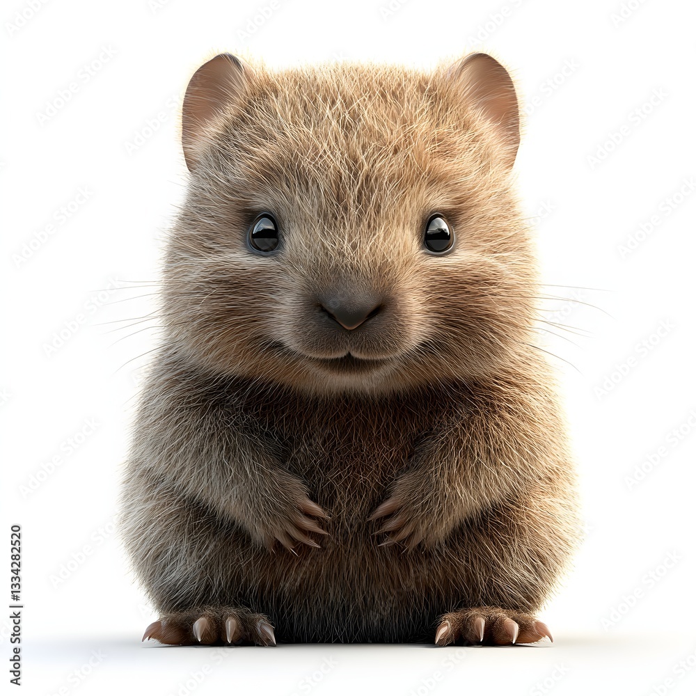Fototapeta premium A digital rendering of an adorable baby quokka. The image showcases its fluffy fur and sweet expression. Adorable Baby Wombat Close up