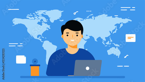 Global Connections A web developer with a world map on the wall showcasing their international client base with different time zones highlighted.
