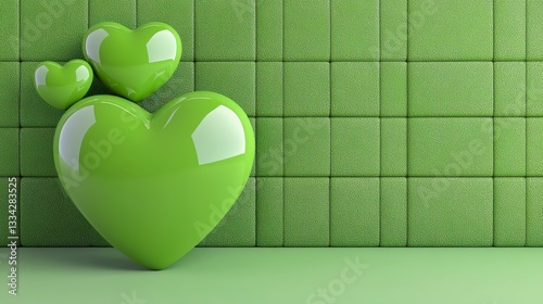 Three Glossy Green Hearts Against Textured Green Wall