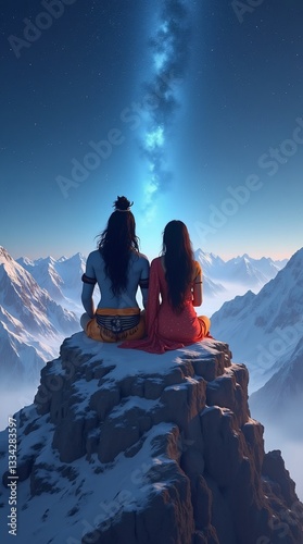 Lord Shiva and Goddess Parvati sitting together on top of Kailash. Himalayan snows and starry sky surround them