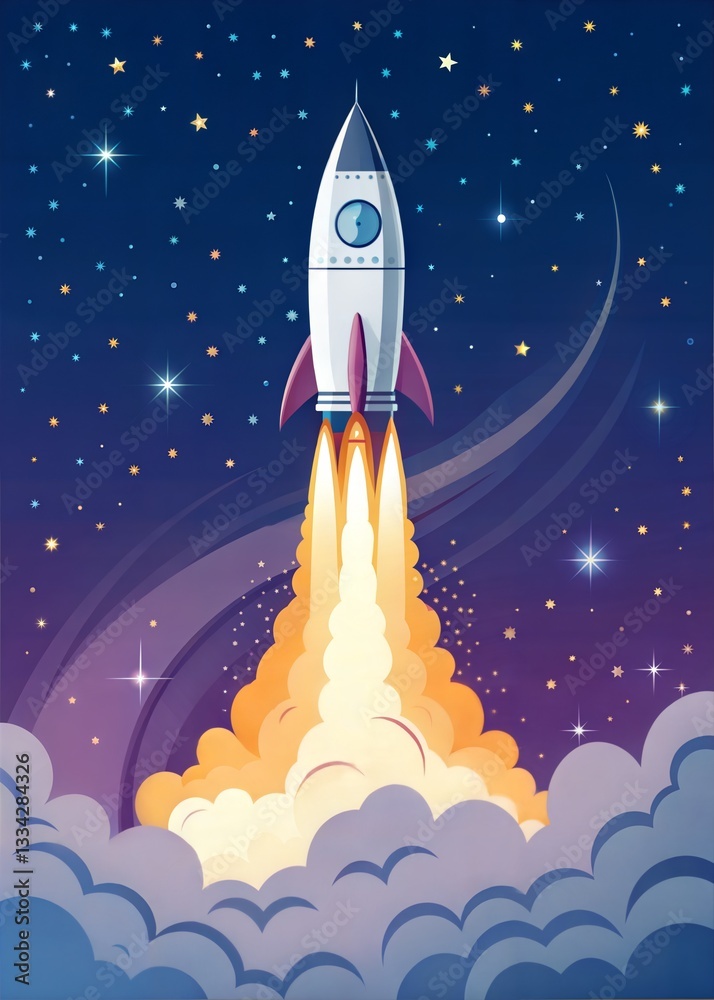 Fototapeta premium Rocket launching through colorful clouds into space, vibrant illustration, copy space