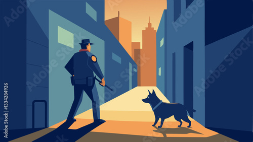 Rescuing in Urban Areas A police K9 assists in navigating a narrow alley with the officer directing it as they search for a missing person showcasing urban search techniques.
