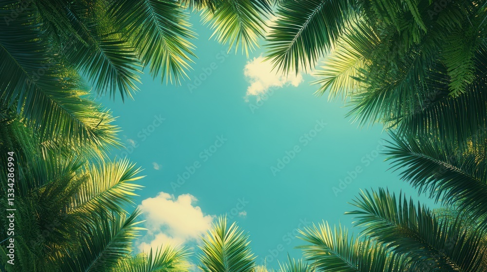 Tropical palm leaves frame sunny blue sky. Tropical palm leaves frame sunny blue sky.