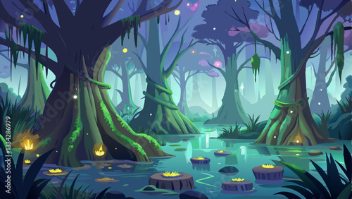 mystical swamp shrouded in mist, with ancient cypress trees, fireflies glowing above the water, and the croaking of frogs echoing.