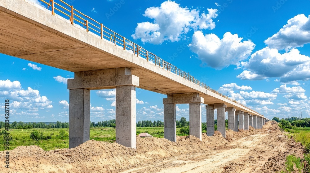 Under Construction Concrete Bridge Over Rural Landscape Under Construction Concrete Bridge Over Rural Landscape