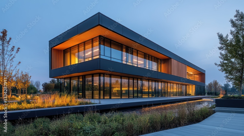 Modern office building at dusk, illuminated windows, landscaping. Modern office building at dusk, illuminated windows, landscaping.