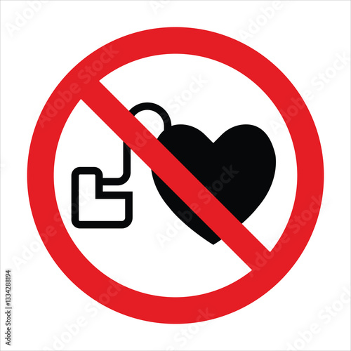 Pacemaker implantation forbidden sign, showing heart with electronic device, medical warning symbol