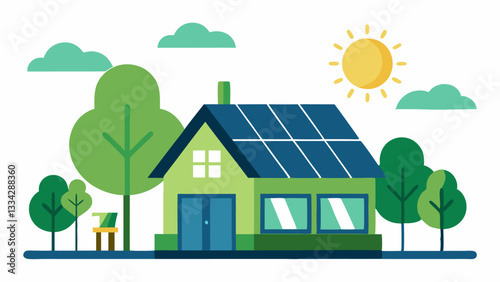 EnergyEfficient Design A professional at a drawing table illustrating a house with solar panels and green roofs with a large window showing trees and sunlight.