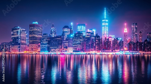 Vibrant Neon New York City Skyline At Night