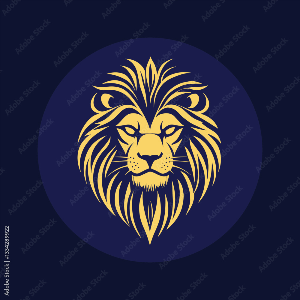 Obraz premium Vector logo of a lion's head with a crown on a shield, in gold color on a dark blue background
