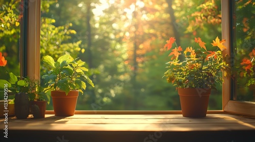 Sunlit Plants on a Wooden Window Sill with Lush Green Background