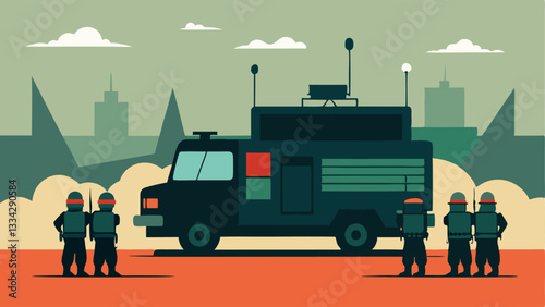 Resource Coordination A depiction of a tactical command unit parked nearby with officers coordinating with the team on the ground through radios and monitors.