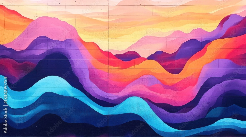 Obraz premium Vibrant Abstract Mural with Colorful Waves and Mountain Scenery