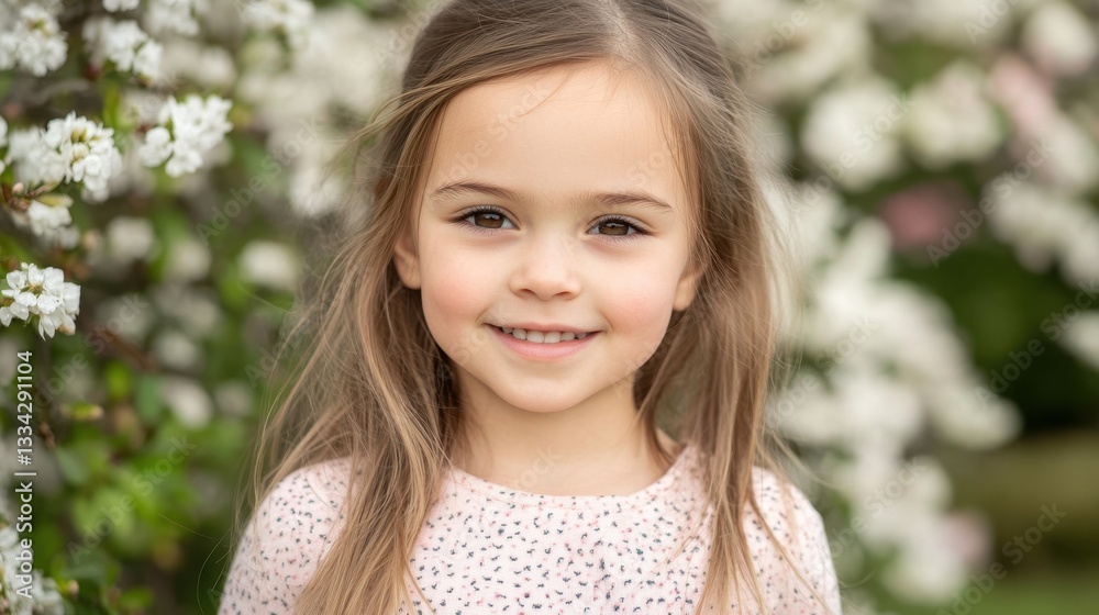 Adorable Little Girl Smiling in a Blossoming Garden Adorable Little Girl Smiling in a Blossoming Garden