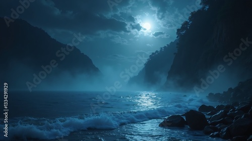 The holy river Ganga on the night of Maha Shivratri. Moonlight reflects on the water