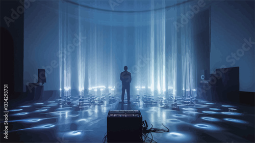 The image shows a silhouette of a person standing in a large, modern interior space. The space is illuminated by numerous vertical beams of bright blue light emanating from floor-level sources. The