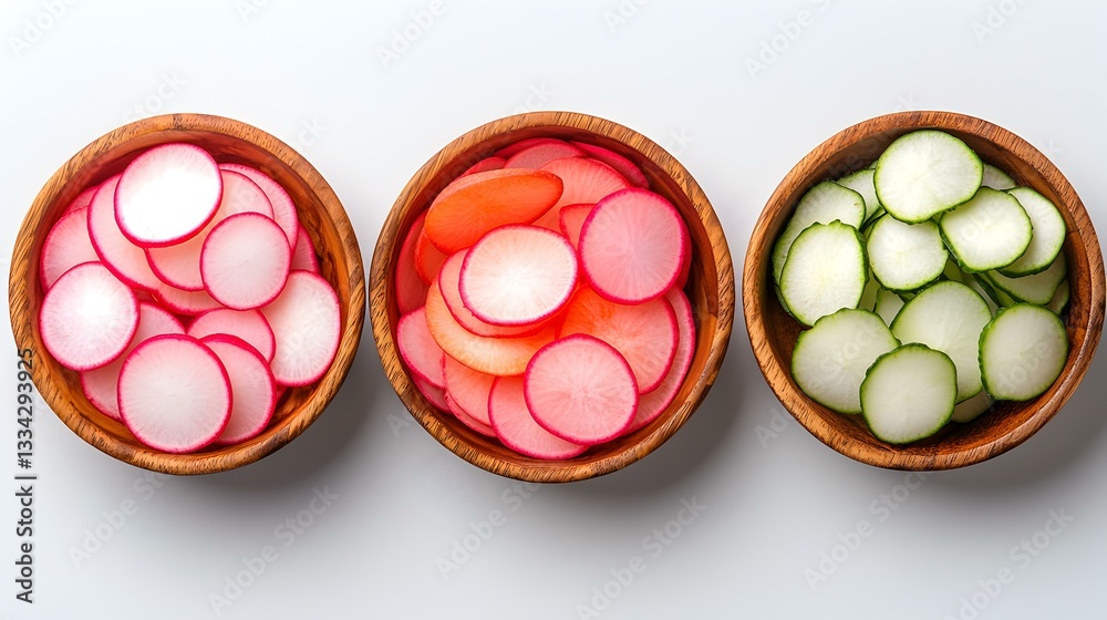 Freshly Sliced Radishes and Cucumbers in Wooden Bowls Freshly Sliced Radishes and Cucumbers in Wooden Bowls