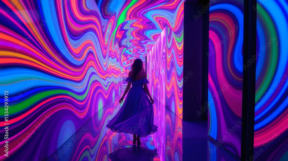 Woman in Motion Through a Vivid, Colorful Tunnel