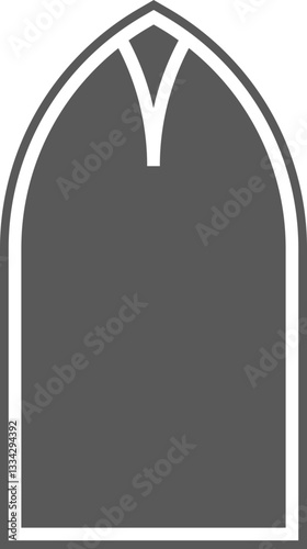 Church window with arched frame and stained glass. Cathedral gothic architecture shape. Silhouette of medieval castle door. Classic catholic interior decoration