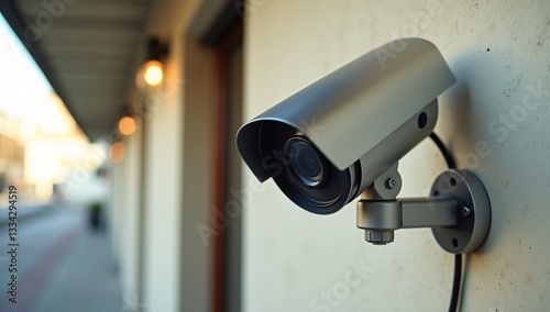 Security camera on wall monitoring for protection and surveillance