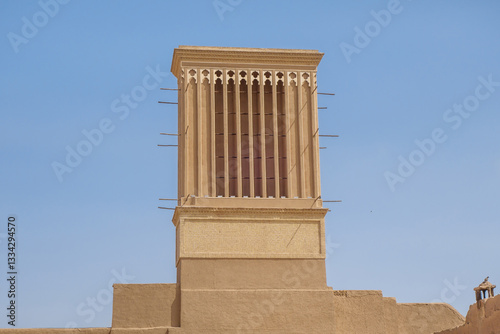 Close-up of a beautiful example of Persian traditional architecture, the badgir. Also known as windcatcher tower, it has been used since ancient times to cool the inside of houses. Shot in Yazd, Iran